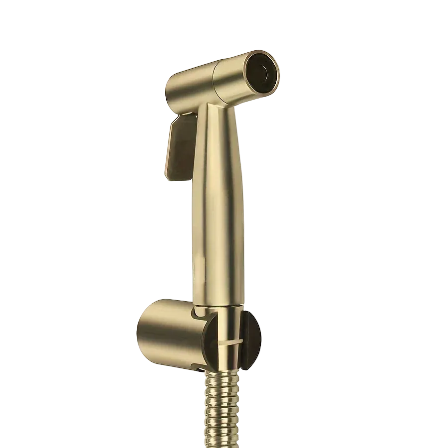 Gold handheld shower head on a white background