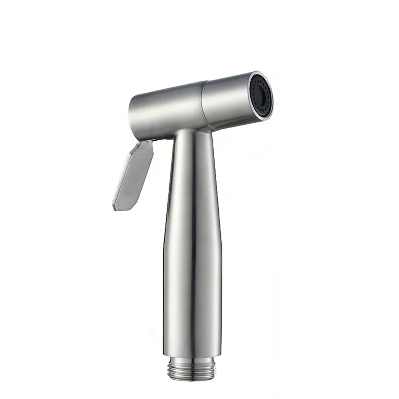 Silver handheld shower head on a white background.