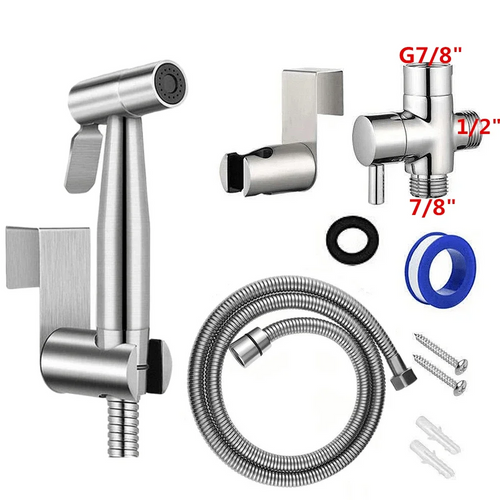 Set of plumbing components including a shower head, hose, and various connectors on a white background.