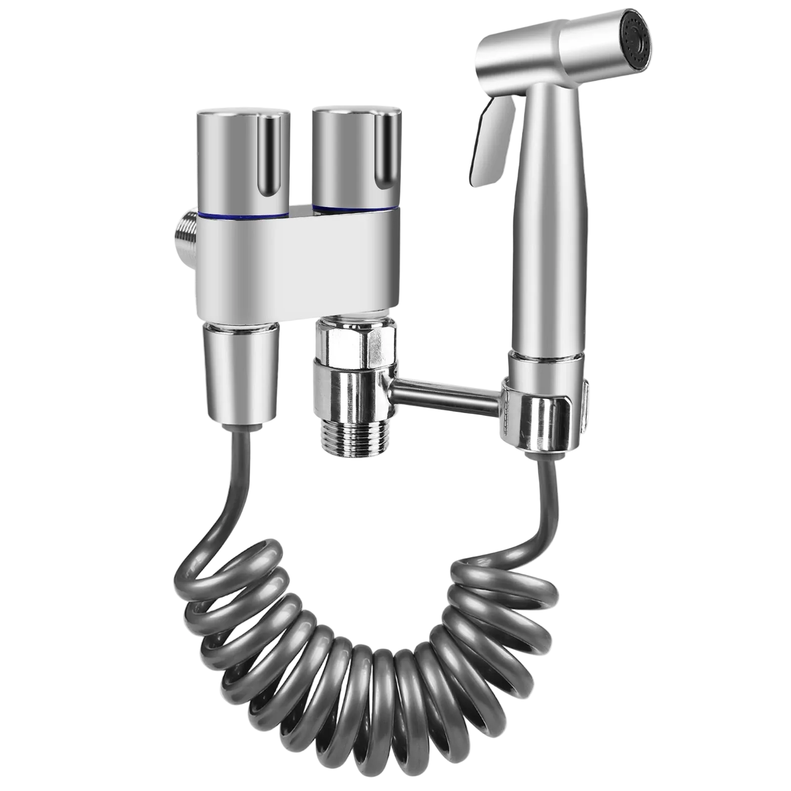Chrome kitchen faucet with coiled hose on a white background