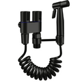 Black shower head with coiled hose on a white background