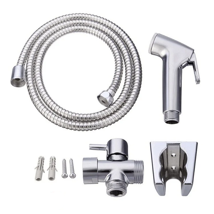 Set of chrome bathroom fixtures including a hose, shower head, and valve on a white background.