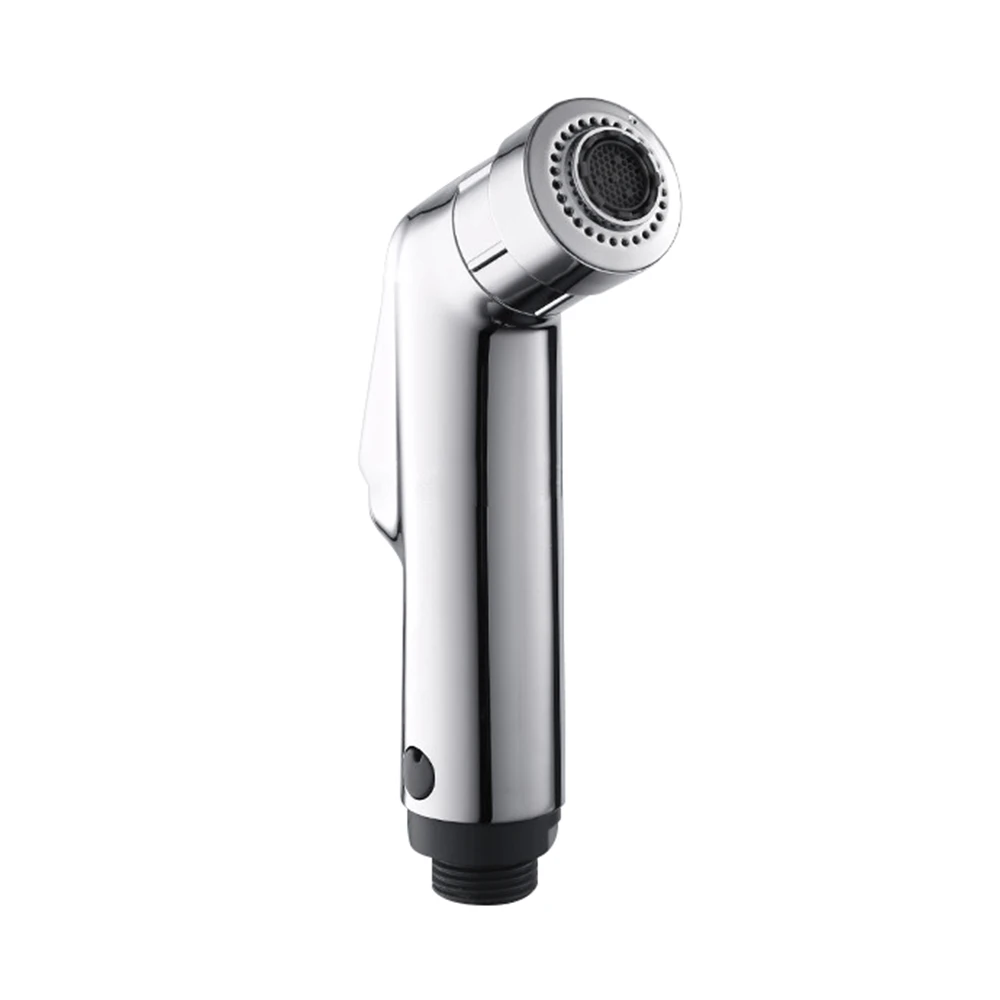 Handheld shower head with black nozzle on a white background.
